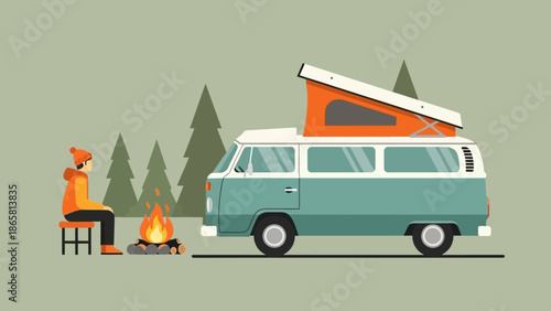 Peaceful van life adventure A solo traveler enjoys a tranquil campfire next to a classic pop-top recreational vehicle in a serene pine forest, embodying the spirit of outdoor freedom and simple living