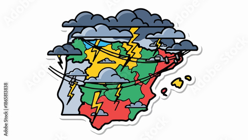 Stylized map of landmass showing various weather conditions with thunderstorms and clouds