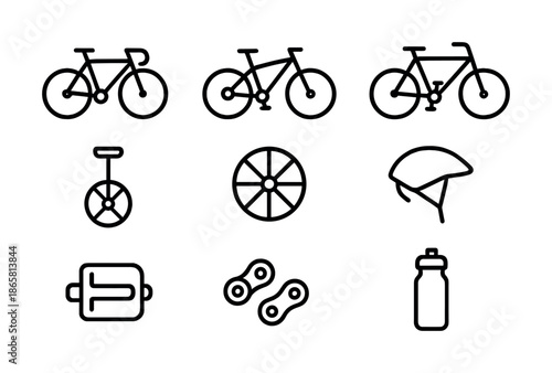 Bicycle and cycling gear icons including bike, helmet, wheel, chain, pedal, bottle