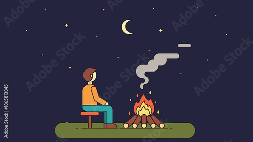 A lone person finds peace and contemplation while sitting beside a cozy campfire under a vast, star-filled night sky with a gentle crescent moon