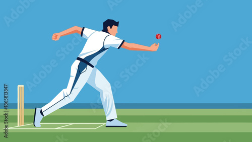 Dynamic illustration of a skilled male cricket bowler delivering a red ball on a green pitch, capturing the intensity and action of the sport