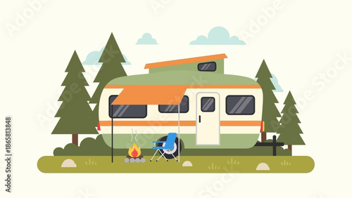 Cozy camper van vacation amidst lush green trees with a campfire and camping chair, perfect for outdoor adventures