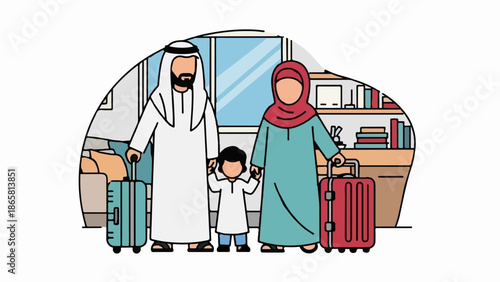 A family with luggage, ready for a trip, in a room with a window and bookshelf