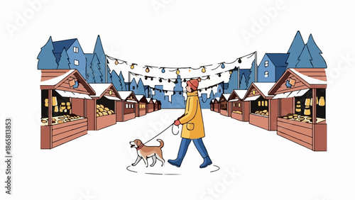 Snowy winter market scene with stalls, decorated with lights, and a person walking a dog