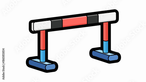 A colorful, cartoon-style hurdles, with a red bar and black and white sections