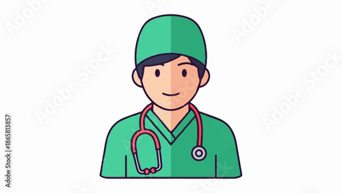 Flat illustration of a smiling medical professional wearing scrubs and a stethoscope