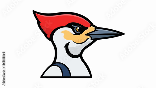 A cartoon woodpecker's head, featuring a red crest and a sharp beak
