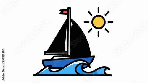 A blue sailboat with black sails cruises on blue waves under a yellow sun