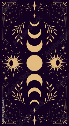 Magical card for astrology, tarot. Purple postcard with a frame in a bohemian design, moon phases stars, copy space. Magic vector illustration