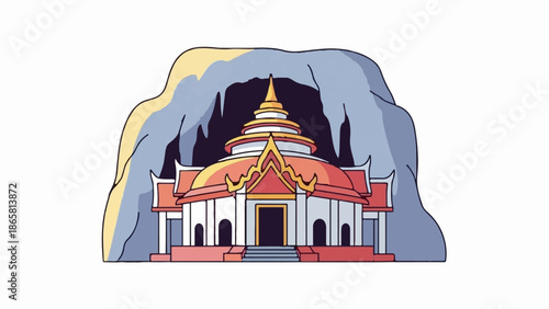 Ornate building nestles within a cavernous mountain