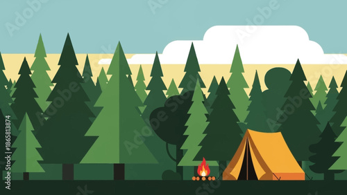 Serene forest camping scene in flat design, featuring an orange tent, glowing campfire, and tall green pine trees, perfect for outdoor adventures