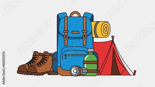 Adventure awaits essential camping gear including a backpack, tent, boots, and water bottle, ready for outdoor exploration