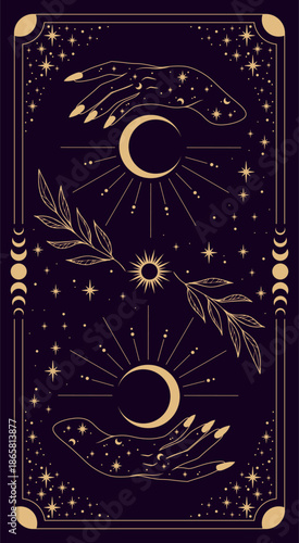 Magical card for astrology, tarot. Purple postcard with a frame in a bohemian design, moon phases stars, copy space. Magic vector illustration