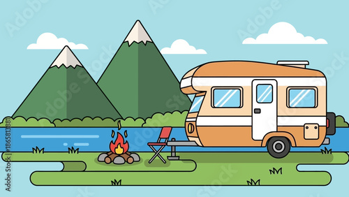 Scenic camping trip illustration featuring a recreational vehicle parked beside a serene lake with mountains in the background and a campfire crackling invitingly