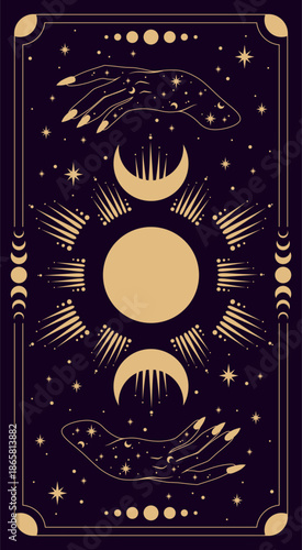 Magical card for astrology, tarot. Purple postcard with a frame in a bohemian design, moon phases stars, copy space. Magic vector illustration