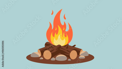 A vibrant cartoon illustration depicting a cozy outdoor campfire with burning logs and dancing orange flames, evoking warmth and adventure, perfect for nature and camping themes