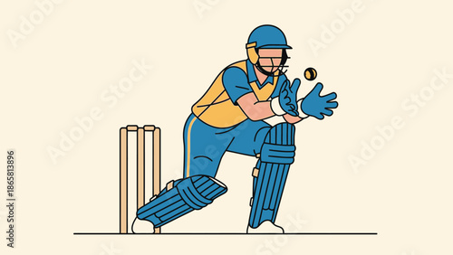 Dynamic illustration showcasing a cricket wicketkeeper making a crucial catch during an exciting match, highlighting the agility, focus, and quick reflexes required for this intense bat-and-ball sport