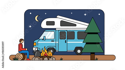 Relaxing by a warm campfire under a starry night sky next to a comfortable camper van, enjoying the tranquility of nature and an outdoor adventure