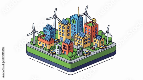 Colorful isometric cityscape powered by renewable energy sources