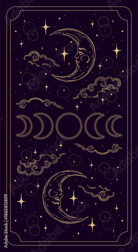 Magical card for astrology, tarot. Purple postcard with a frame in a bohemian design, moon phases stars, copy space. Magic vector illustration