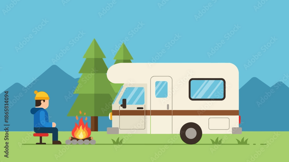 Obraz premium Enjoying a peaceful moment by a campfire next to a recreational vehicle amidst nature, perfect for an outdoor escape and serene travel adventure