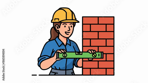 A builder wearing a hard hat checks a brick wall with a level tool