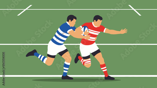 Two rugby players in a competitive match on a green field, one in blue and white stripes, the other in red and white, illustrating the sport's dynamic action and rivalry