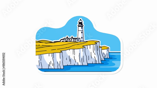 Stylized lighthouse on chalk cliffs overlooking the sea under a bright blue sky