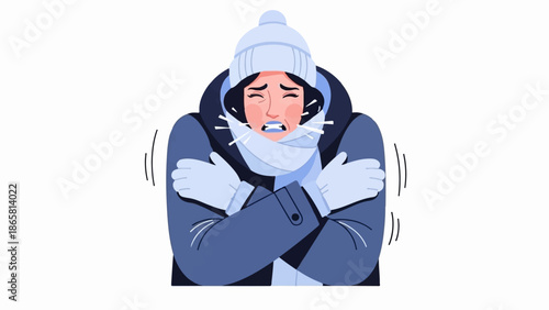 A person shivers uncontrollably, wrapped in winter clothes, with visible breath in freezing temperatures