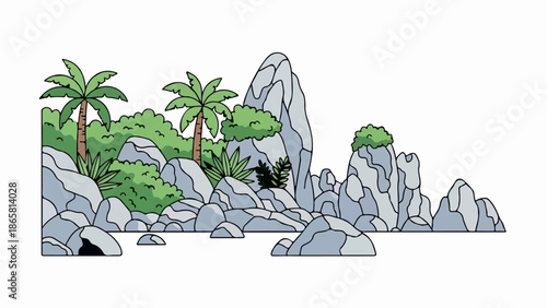 A cartoon illustration depicts a rocky island landscape with palm trees and lush green foliage