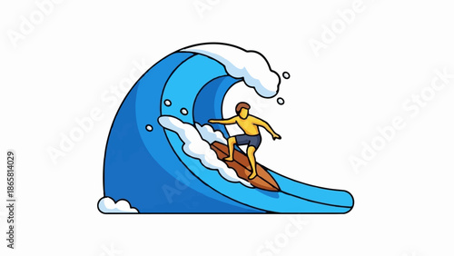A surfer rides a large blue wave