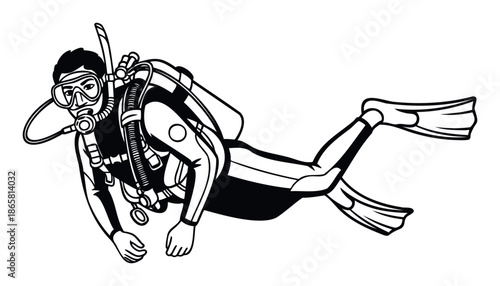 Professional scuba diver exploring underwater with full diving gear wearing a mask, regulator, and fins, perfect for water sports advertisements and adventure travel promotions