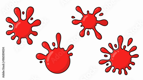 Four red paint splatters burst and splash outward with glossy highlights