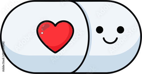 Cute cartoon pill with heart and smiling face