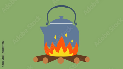 Campfire Kettle A Cozy Illustration of a Boiling Kettle Over an Open Fire, Evoking Warmth and Outdoor Adventure