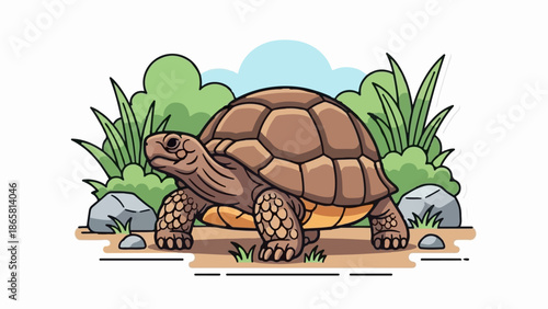 A cartoon turtle walks through a grassy, rocky area with blue sky above