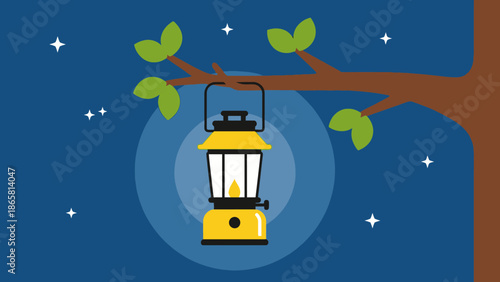 Illuminated camping lantern hanging from a tree branch against a starry night sky, symbolizing adventure and outdoor exploration