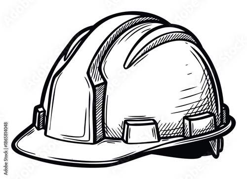 A robust black outline drawing of a safety hard hat is perfect for construction industry safety campaign materials, industrial security awareness posters, and worker protection equipment