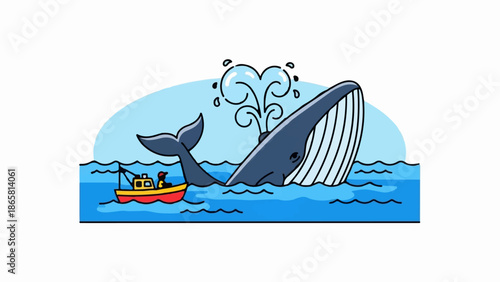 A cartoon whale spouts water near a small boat