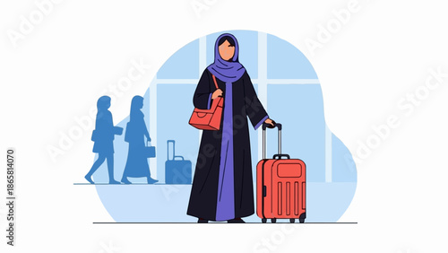 Woman in traditional attire with luggage, waiting at an airport with other travelers