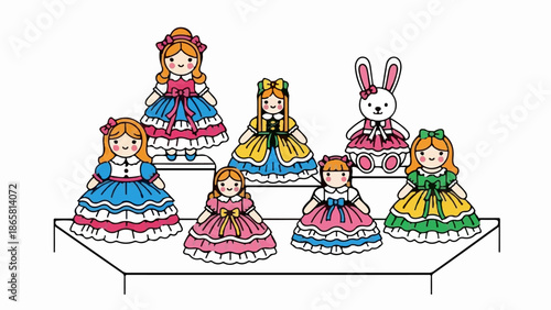 A colorful display of vintage-style dolls and a bunny on tiered shelves