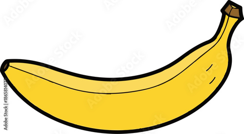 A bright yellow banana with a brown stem and a subtle line texture on its skin