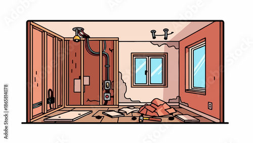 Room under renovation with exposed studs, wiring, tools, and debris