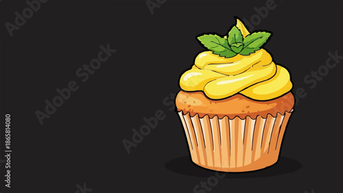 A yellow frosted cupcake with a green mint leaf garnish rests on a dark background