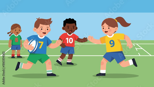 Children Playing Rugby on a Field, Engaging in a Friendly Sports Match with Enthusiasm and Teamwork During Outdoor Activity