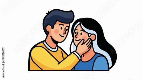A man gently touches a woman's cheek with a warm smile, showing affection