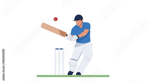 Dynamic illustration of a male cricket player in action, powerfully striking a red ball with his bat during a game, showcasing athletic prowess and concentration on the field