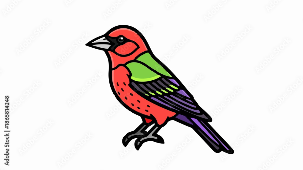 Fototapeta premium Stylized, brightly colored bird with red, green, and purple plumage