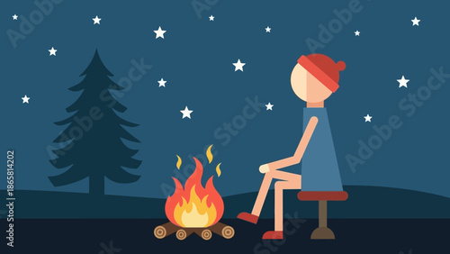 A solitary figure enjoys the serene warmth of a crackling campfire under a star-filled night sky, embracing the peaceful solitude of an outdoor adventure in nature