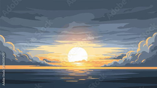 Pixelated sun sets over a calm ocean, casting golden light on scattered clouds